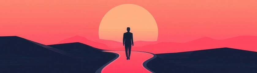 Obraz premium A solitary figure walking along a winding path under a vibrant sunset sky, symbolizing introspection and personal journey.