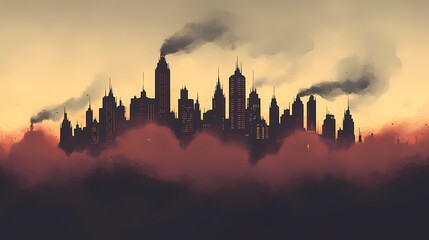 Silhouetted city skyline at dusk with smoky atmosphere, evoking a dramatic mood.