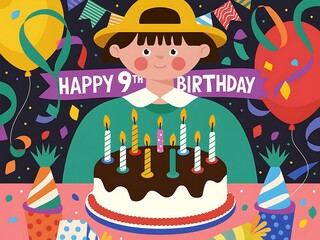 Cartoon-Style Birthday Cake with Colorful Candles for 9th birthday