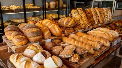 Breads on display in a bakery