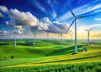 A captivating panoramic vista featuring wind turbines gracefully placed in vast green fields, perfectly illustrating the synergy of renewable energy and the beauty of nature.