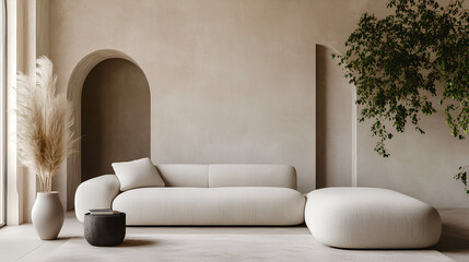 Beige boucle sofa and pouf against arch stucco wall. Minimalist, japandi interior design of modern living room