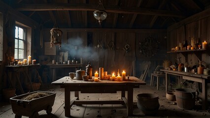 Witch's Altar in an Abandoned Barn &ndash; Spell Books, Herbs, and a Bubbling Cauldron