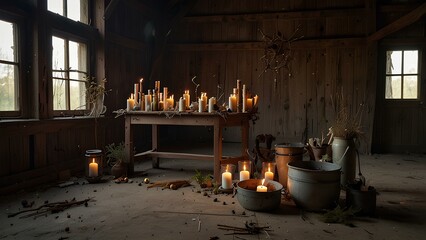 Obraz premium Witch's Altar in an Abandoned Barn – Spell Books, Herbs, and a Bubbling Cauldron