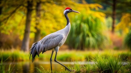 Obraz premium Majestic Crane in Natural Habitat with Graceful Posture and Vibrant Surroundings Captured in Detail