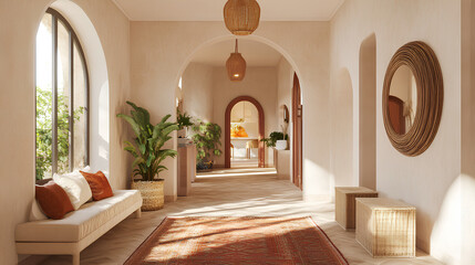 Boho, mediterranean interior design of modern home entryway, hall with arched walls