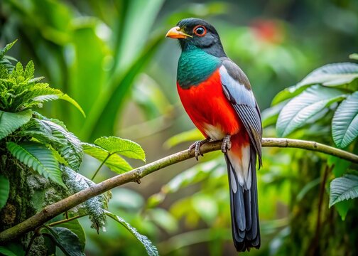 Majestic Cuban Trogon Perched on Branch Amid Lush Tropical Leaves in Vibrant Natural Habitat