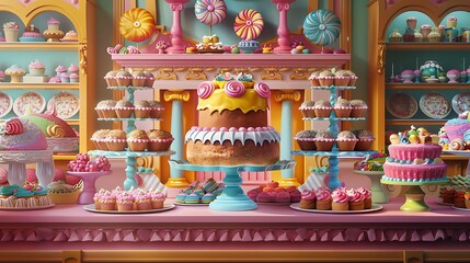 Naklejka premium Candy shop showcase with cakes and sweets
