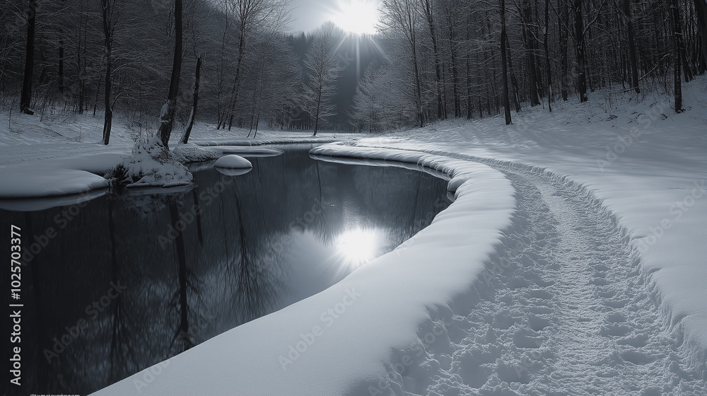 Wall mural a snow covered river with a path running along it. the path is covered in snow and the water is stil