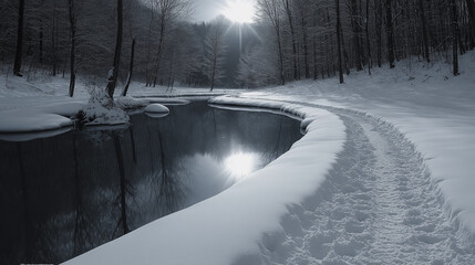 A snow covered river with a path running along it. The path is covered in snow and the water is still