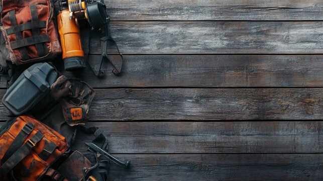 A rustic wooden background with various outdoor equipment, perfect for showcasing camping, hiking, or adventure products.