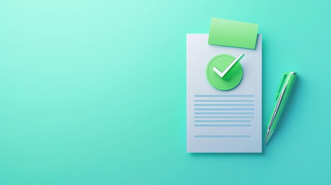 A document with a green checkmark indicating approval, accompanied by a pen on a minimalist turquoise background. Business concept.