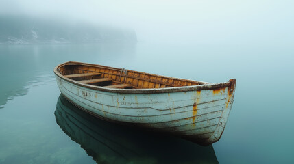 A small boat sits in the water, with the water reflecting the boat's image. The scene is calm and peaceful, with the fog adding a sense of mystery to the image