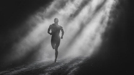 Fototapeta premium A man is running in the rain with his arms outstretched. The image has a moody and somber feel to it, as the rain and darkness create a sense of isolation and loneliness