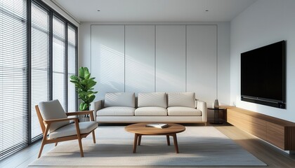 Fototapeta premium Modern living room featuring a cozy sofa, wooden chair, and a stylish coffee table, accented by a lush plant and large windows allowing natural light to illuminate the space.