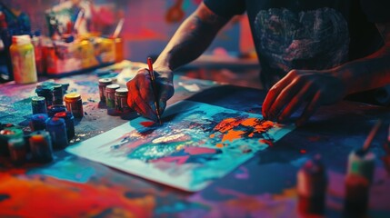 An artist using a screen printing technique to create a custom t-shirt design, surrounded by vibrant inks and fabrics, reflecting their creative process