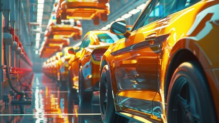 Obraz premium Orange Sports Car on an Assembly Line in a Factory