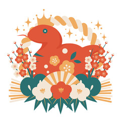 三連椿、巳年年賀状アイコン、しめ飾り、レトロカラー赤蛇、かわいい、イラスト