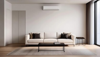 Modern living room interior featuring a cozy sofa with decorative cushions, a sleek coffee table, and large windows allowing natural light to illuminate the space.