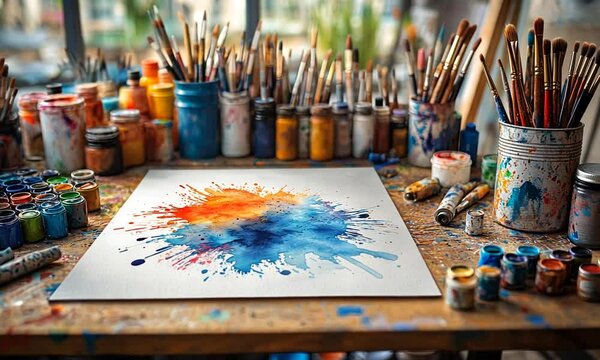 A vibrant artist's studio with paint splatters and brushes, showcasing creativity and color.