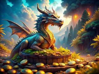 Fototapeta premium Majestic Dragon Guarding a Treasure of Gold Coins in a Mystical Fantasy Landscape with Enchanted Elements