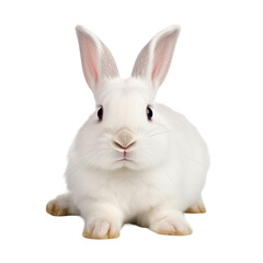A fluffy white rabbit lounging on a bright white background during a studio session