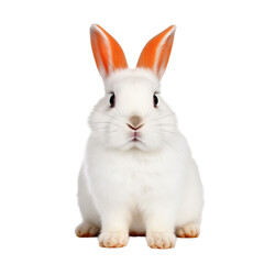 Obraz premium A fluffy white rabbit with orange-tipped ears sitting calmly on a white background