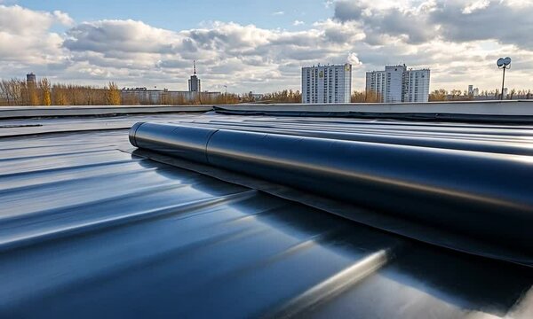Rolled black tarps arranged on a rooftop, likely for construction or weatherproofing purposes.