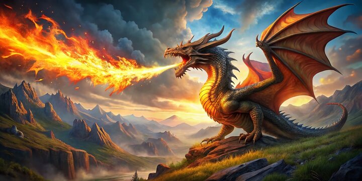 Majestic Dragon Breathing Fire in a Fiery Landscape, Captivating Fantasy Scene for Art and Imagination Lovers