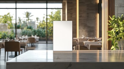 Show a blank 3D restaurant menu in a fine dining setting with minimalist space for design.