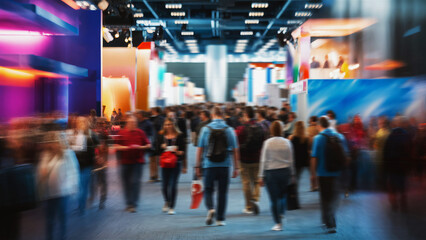 Blurred crowd walking through a modern exhibition hall with colorful displays.