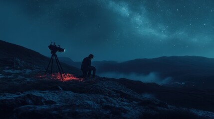 Obraz premium A lone astronomer setting up a telescope on a hillside at night, with a stunning view of the Milky Way and glowing stars reflecting their wonder