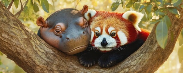 Obraz premium A pygmy hippo and a red panda sharing a tree branch, surrounded by soft green leaves and dappled sunlight filtering through the canopy