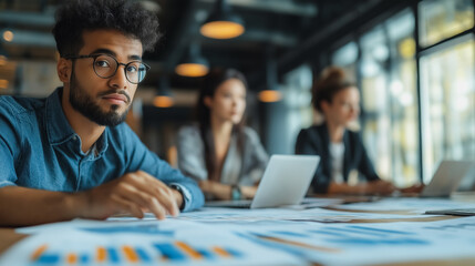 Obraz premium A man with glasses is looking at a table with several laptops and papers. The scene suggests a work environment where people are working on projects or tasks. The man's focused expression