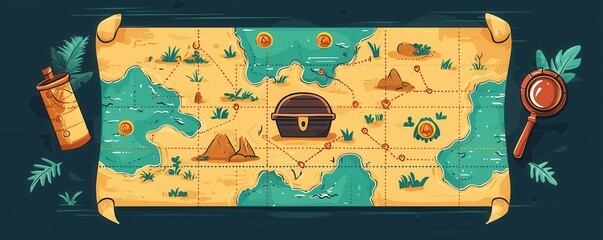 Treasure map illustration showcasing various landmarks, paths, and a hidden treasure chest, featuring vibrant colors on an antique-style parchment design.