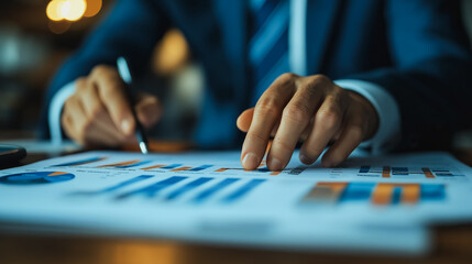 Fototapeta premium A man is writing on a piece of paper with a pen. He is wearing a suit and tie. Concept of professionalism and focus as the man works on his work