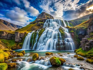 Obraz premium Majestic Dynjandi Waterfall in the Westfjords Peninsula of Iceland - A Natural Wonder Surrounded by Stunning Landscapes