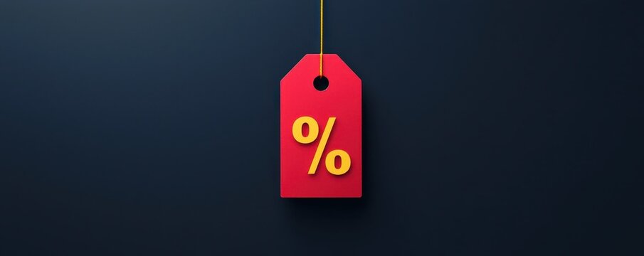 Red discount tag with percentage symbol hanging on string on dark background, ideal for sales promotions and retail marketing.
