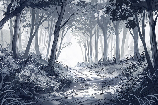Quiet Forest Scene with a Path Leading Deep into the Woods in Simple Line Art Style &ndash; Inspiring a Sense of Exploration and Capturing the Beauty of Nature for Peaceful Reflection
