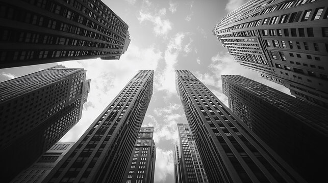 Fototapeta A black and white photo of a city skyline with tall buildings. The sky is cloudy and the buildings are very tall