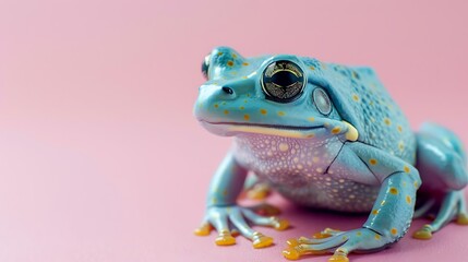 Close up of blue frog with yellow and black dots on its light green skin sitting on a pink surface