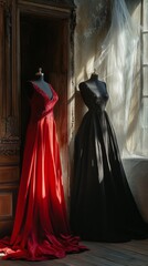 An empty scene featuring glamorous vampire costumes on display in a hauntingly beautiful room filled with shadows and cobwebs, creating an ideal product