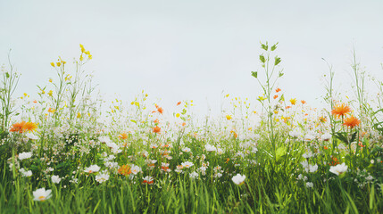 Flower garden, meadow, and grass on a white background