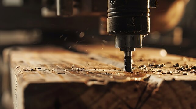 Close up scene the power screw driver working with wooden plank the high technology carpenter working with power screw driver