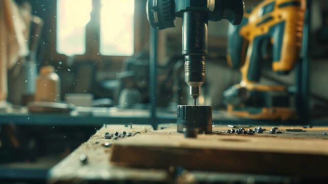 Close up scene the power screw driver working with wooden plank the high technology carpenter working with power screw driver