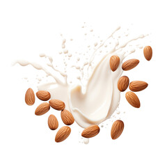 Almonds and almond milk create a refreshing splash on a clean white background in a bright setting