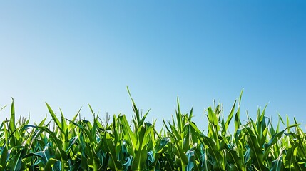 Fototapeta premium Closeup of a lush green cornfield with maizeplants against clear blue sky