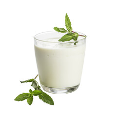 A refreshing glass of yogurt drink garnished with fresh mint leaves on a white background