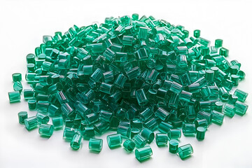 Fototapeta premium Beautiful shiny green transparent cylindrical PVC plastic beads on a white background.