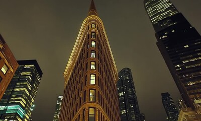 A nighttime view of a historic building with a unique shape amidst modern skyscrapers.